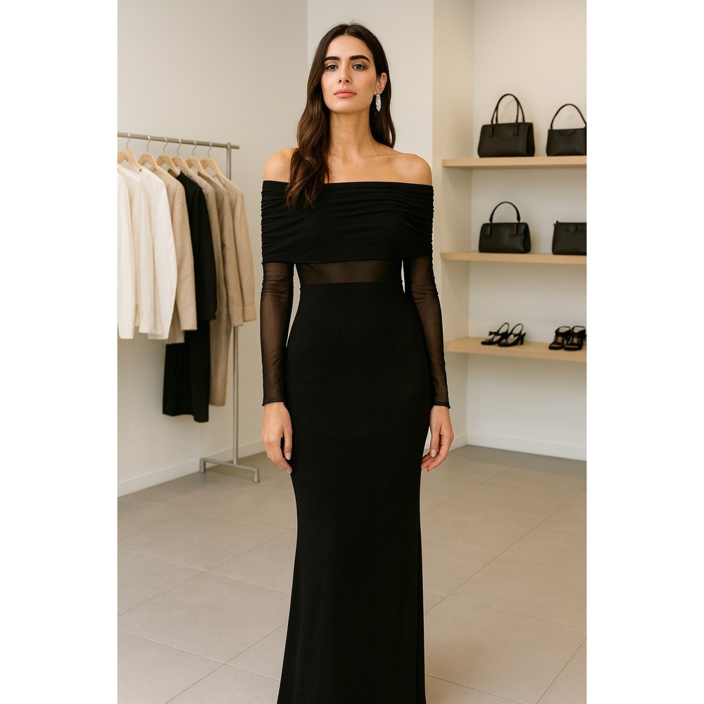 Commense Overfold Off-Shoulder Mesh‎ Long Sleeve Long Dress Black size S